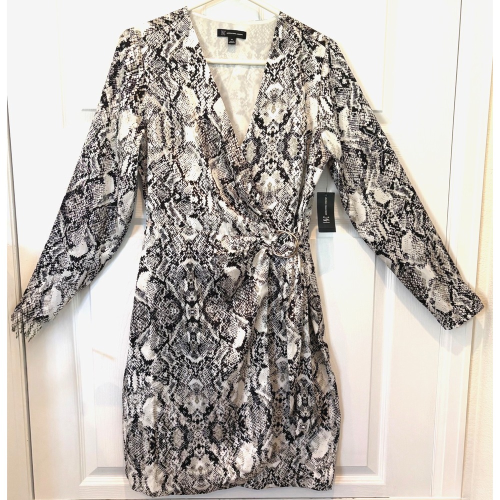 NWT! INC International Concepts Women Med Wrap Dress Snakeskin Print Belted Long
